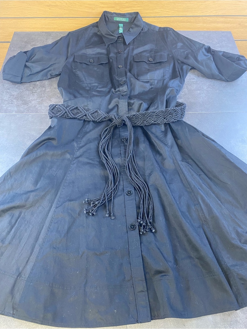 Lauren Ralph Lauren Black Button up Midi belted Shirt Dress Cotton size 16 NWT